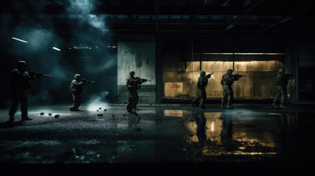 A group of military with weapons training at nightの素材
