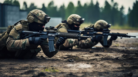 A group of soldiers with weapons trainingの素材