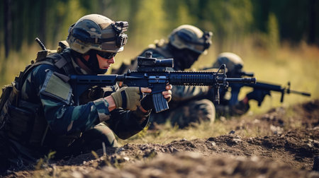 A group of soldiers with weapons trainingの素材
