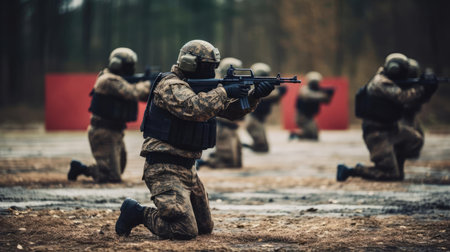 A group of soldiers with weapons trainingの素材