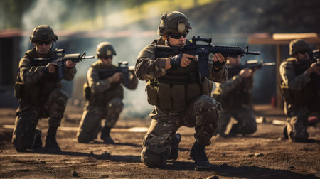 A group of soldiers with weapons trainingの素材