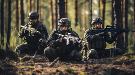 A group of soldiers with weapons trainingの素材