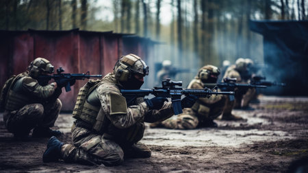 A group of soldiers with weapons trainingの素材