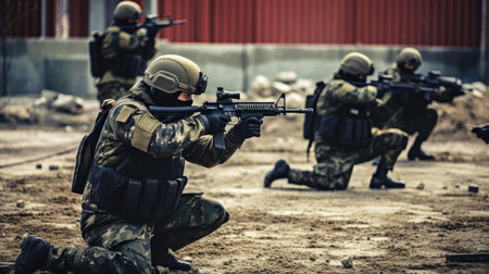 A group of soldiers with weapons trainingの素材