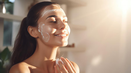 Young beautiful woman with creamの素材