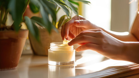 Young woman applying creamの素材