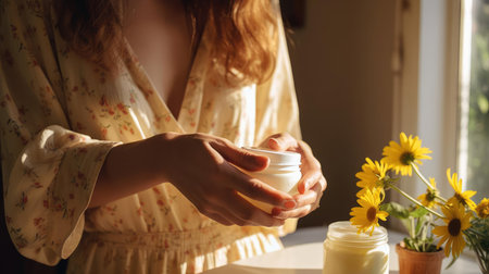 Young woman applying creamの素材