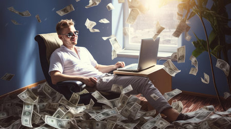 Young man at computer earning remotelyの素材