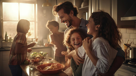 Happy family standing in kitchen and preparing breakfastの素材