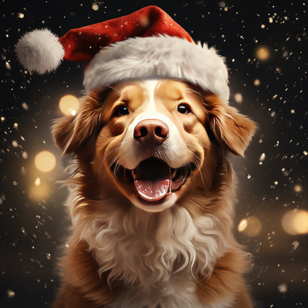 Domestic dog in winter hat outdoors in winterの素材