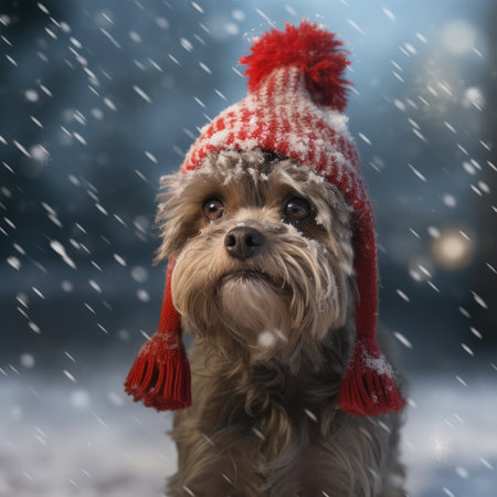 Domestic dog in winter hat outdoors in winterの素材