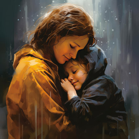 Mom hugging her baby in the rainの素材