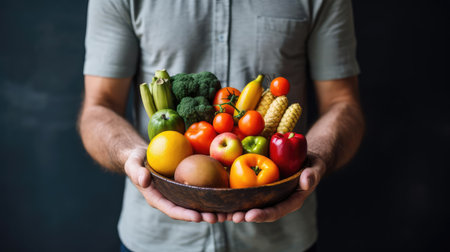 A man holds fresh vegetables and fruits in his handsの素材