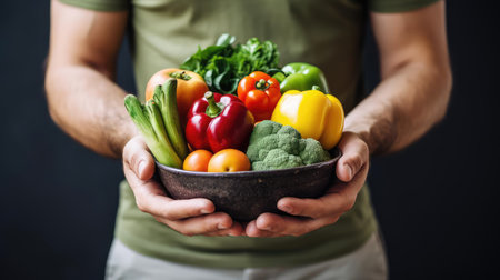 A man holds fresh vegetables and fruits in his handsの素材
