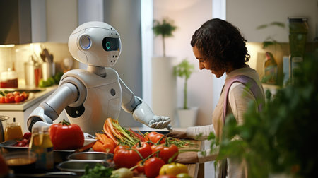 Robot helping man in kitchen to cook foodの素材