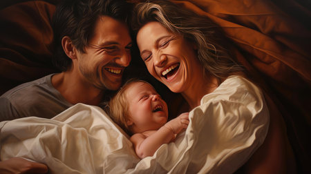 Parents tenderly hugging their little childの素材