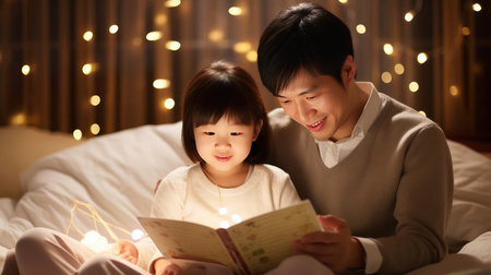 A book before going to bed, parents reading a book at night to their childrenの素材