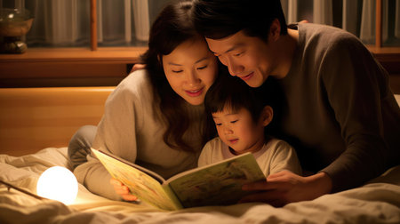A book before going to bed, parents reading a book at night to their childrenの素材