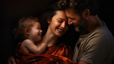 Parents tenderly hugging their little childの素材