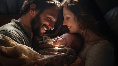 Parents tenderly hugging their little childの素材