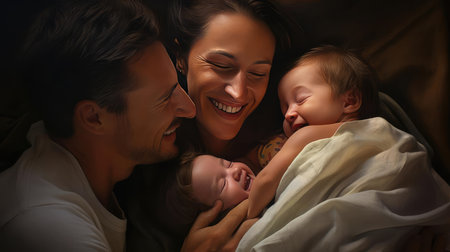 Parents tenderly hugging their little childの素材