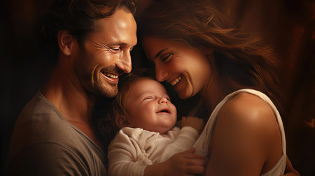 Parents tenderly hugging their little childの素材