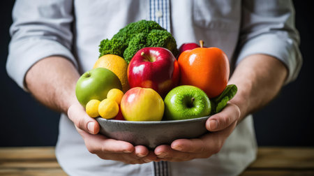A man holds fresh vegetables and fruits in his handsの素材