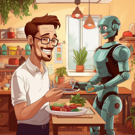 Robot helping man in kitchen to cook foodの素材