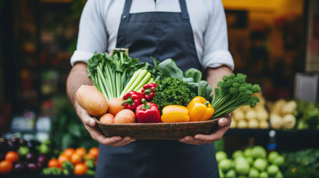 A man holds fresh vegetables and fruits in his handsの素材