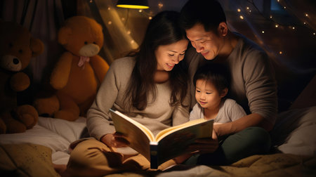 A book before going to bed, parents reading a book at night to their childrenの素材