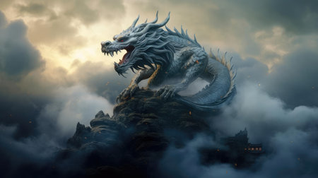 Dragon on top of a mountain in fog, a symbol of wisdom and strengthの素材