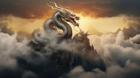 Dragon on top of a mountain in fog, a symbol of wisdom and strengthの素材