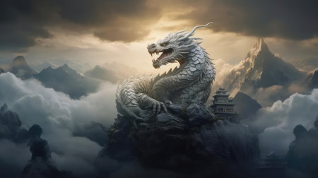 Dragon on top of a mountain in fog, a symbol of wisdom and strengthの素材