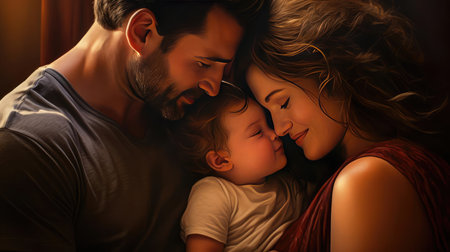 Couple hugging their baby and looking at each otherの素材