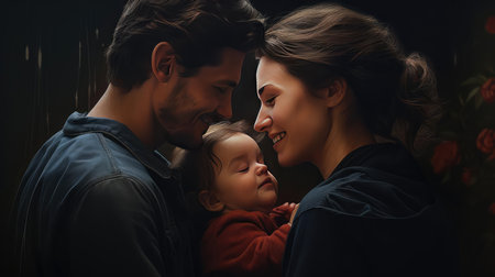 Couple hugging their baby and looking at each otherの素材