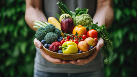 A man holds fresh vegetables and fruits in his handsの素材