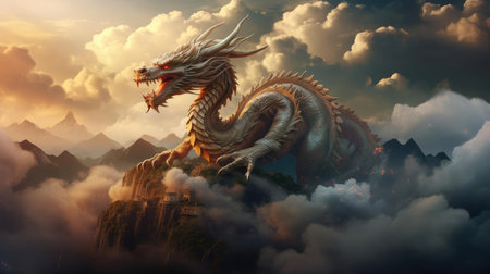 Dragon on top of a mountain in fog, a symbol of wisdom and strengthの素材