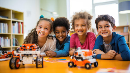 Group of children at robotics lessonの素材