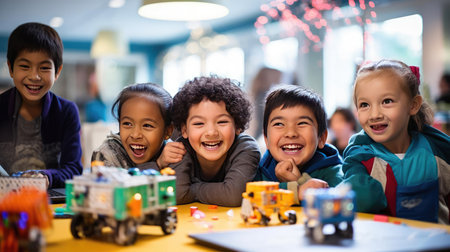 Group of children at robotics lessonの素材