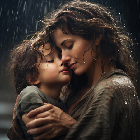 Mom hugging her baby in the rainの素材