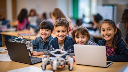 Group of children at robotics lessonの素材