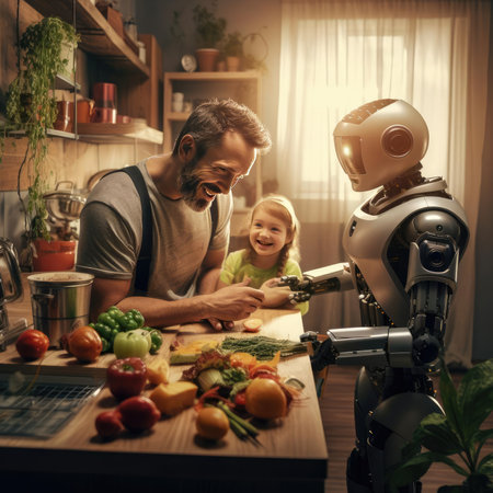 Robot helping man in kitchen to cook foodの素材