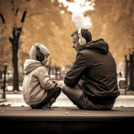 Dad sitting with his child in the park on a benchの素材
