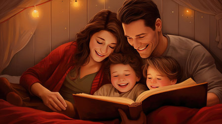 A book before going to bed, parents reading a book at night to their childrenの素材