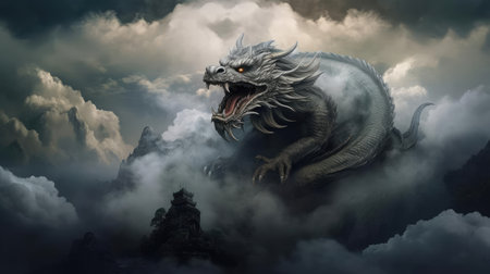 Dragon on top of a mountain in fog, a symbol of wisdom and strengthの素材
