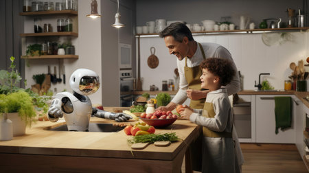 Robot helping man in kitchen to cook foodの素材