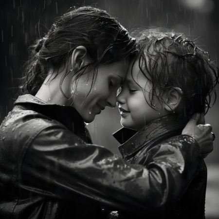 Mom hugging her baby in the rainの素材