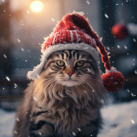 Domestic cat in winter hat outdoors in winterの素材