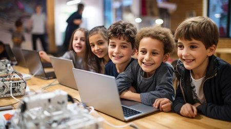 Group of children at robotics lessonの素材