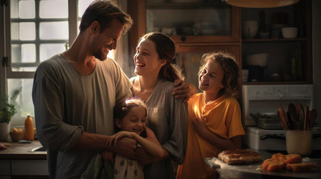 Happy family standing in kitchen and preparing breakfastの素材